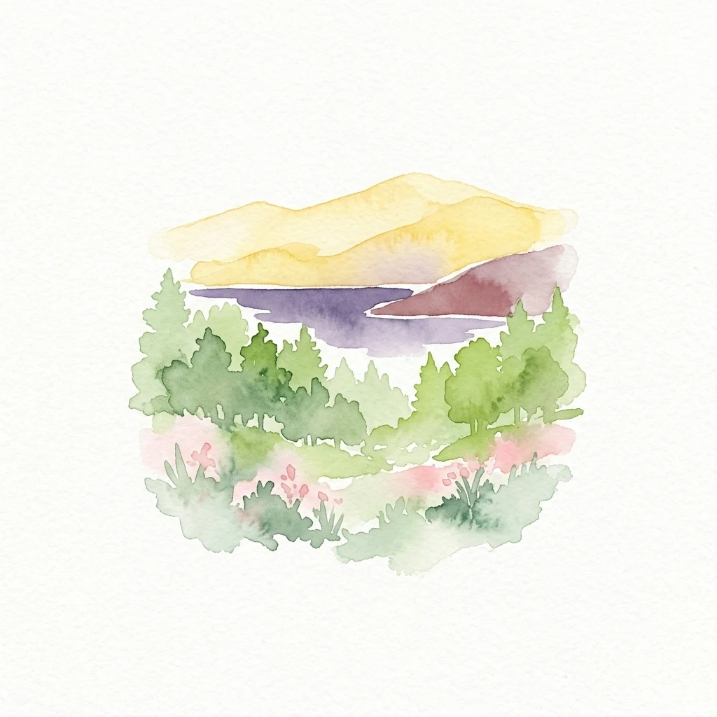 Watercolor depiction of mountains, a lake, green forest, and pink wildflowers