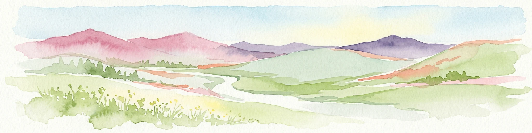 Pintura de acuarela que muestra montañas, campos y un río