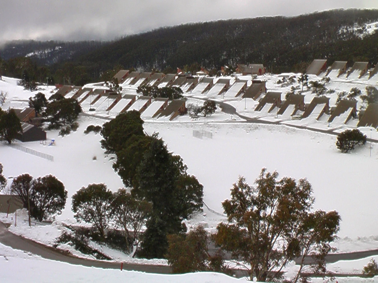 Pueblo cubierto de nieve con hileras de casas, árboles y un camino sinuoso en un paisaje montañoso