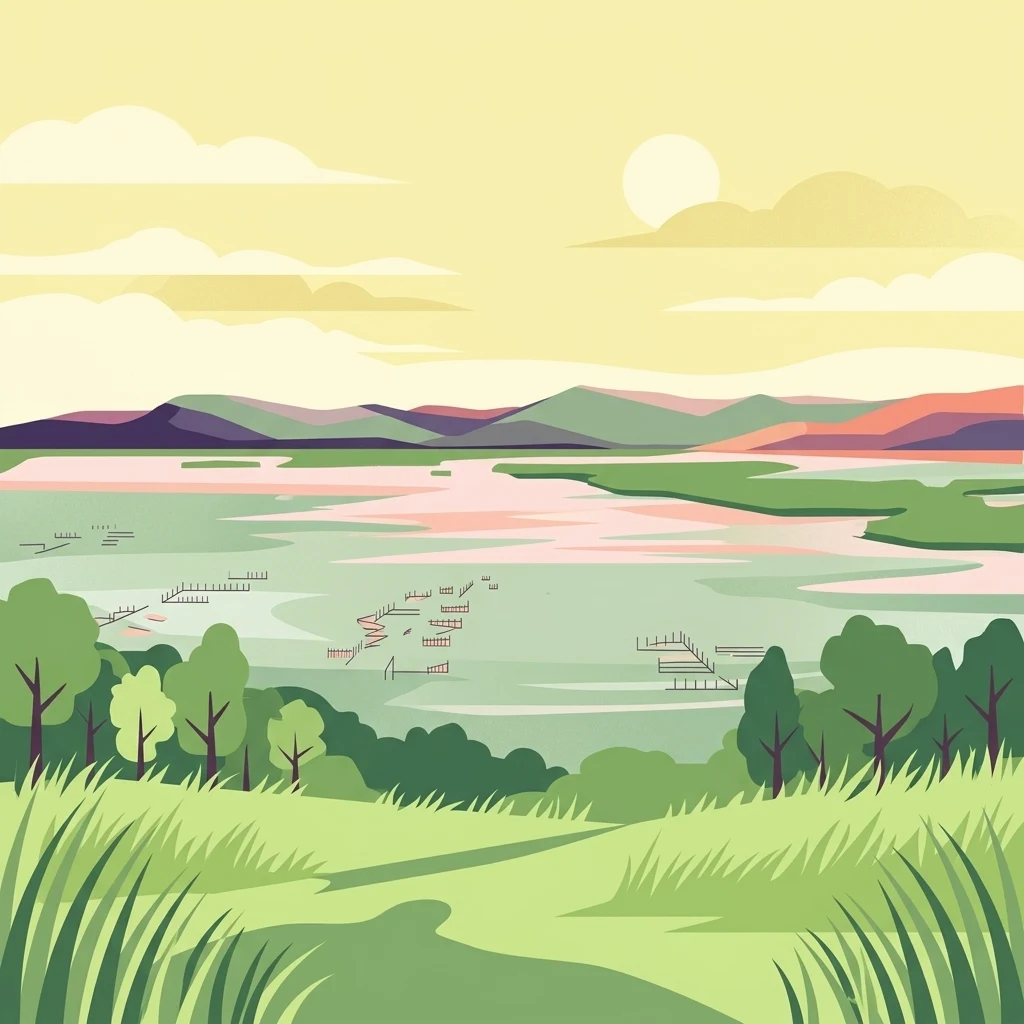 Una ilustración de la bahía de Kosi al amanecer, que muestra un primer plano herbáceo, árboles, lagos interconectados y tranquilos con pequeñas estructuras de trampas para peces de madera, y colinas onduladas al fondo.