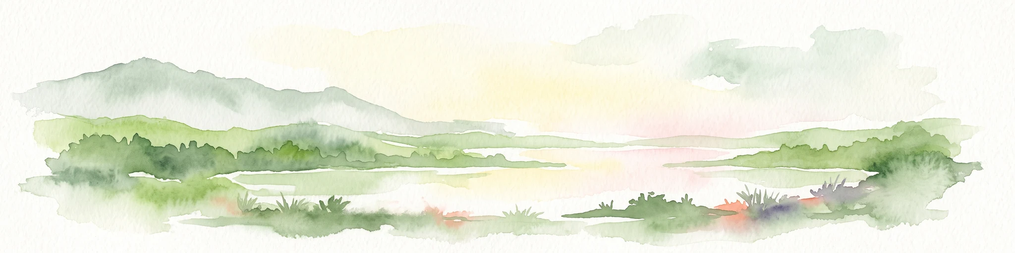 A soft watercolor painting of a serene lakeside landscape with green rolling hills and calm water.