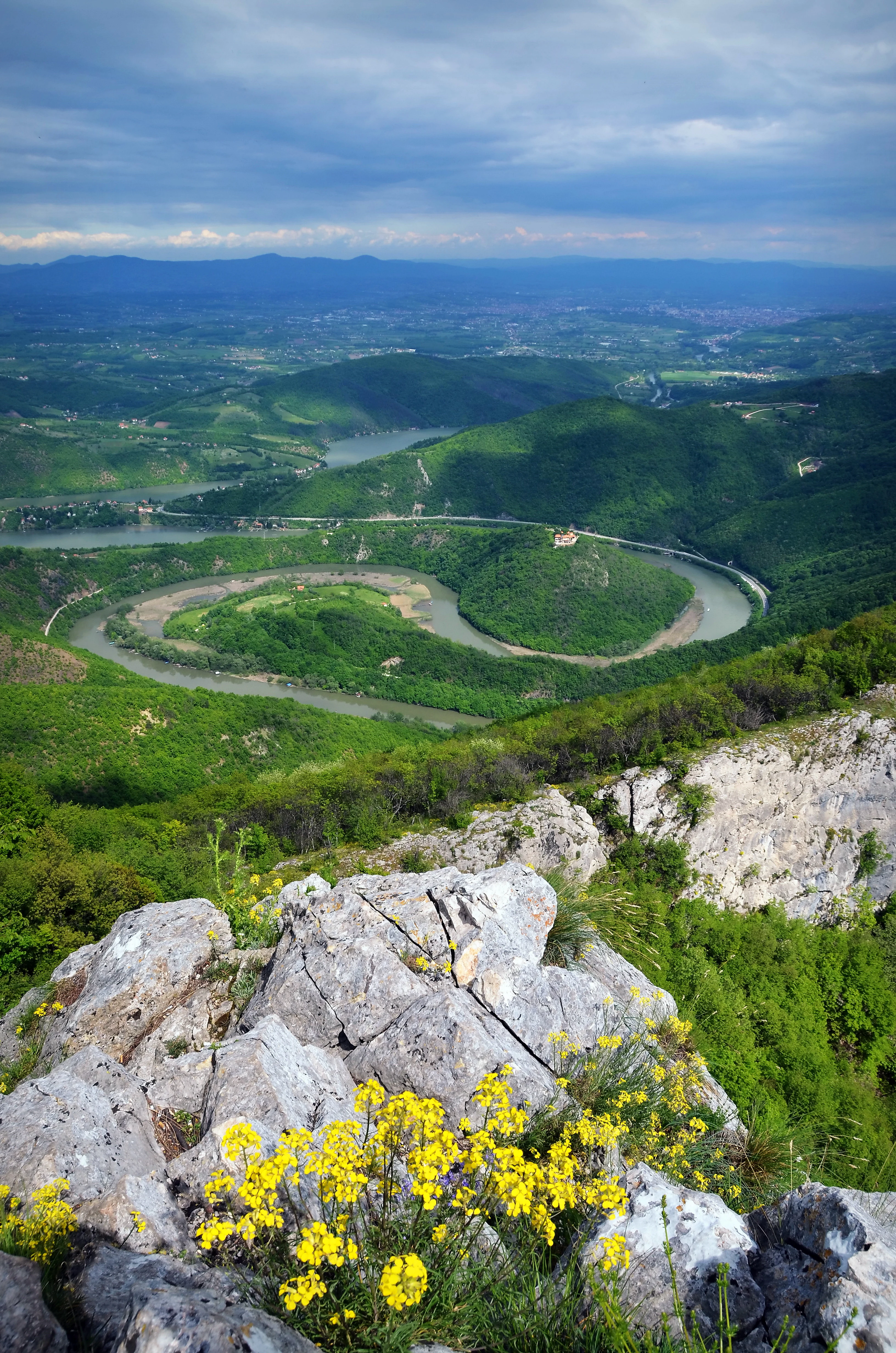 Wide landscape view of a winding river through a valley surrounded by green hills and rocky terrain with yellow flowers in foreground.