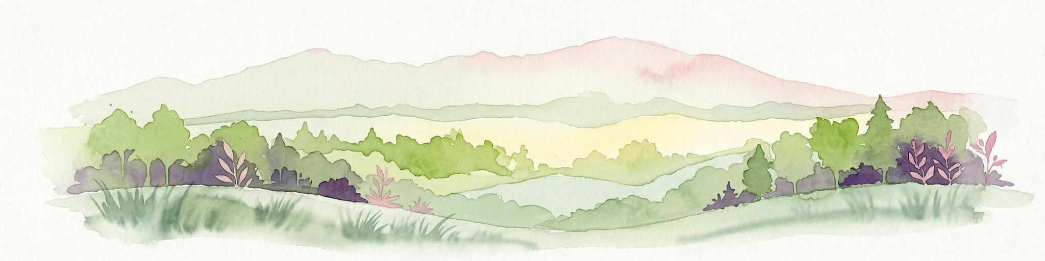 Pintura de acuarela que muestra bosques verdes, un río y montañas de tonos rosados al fondo