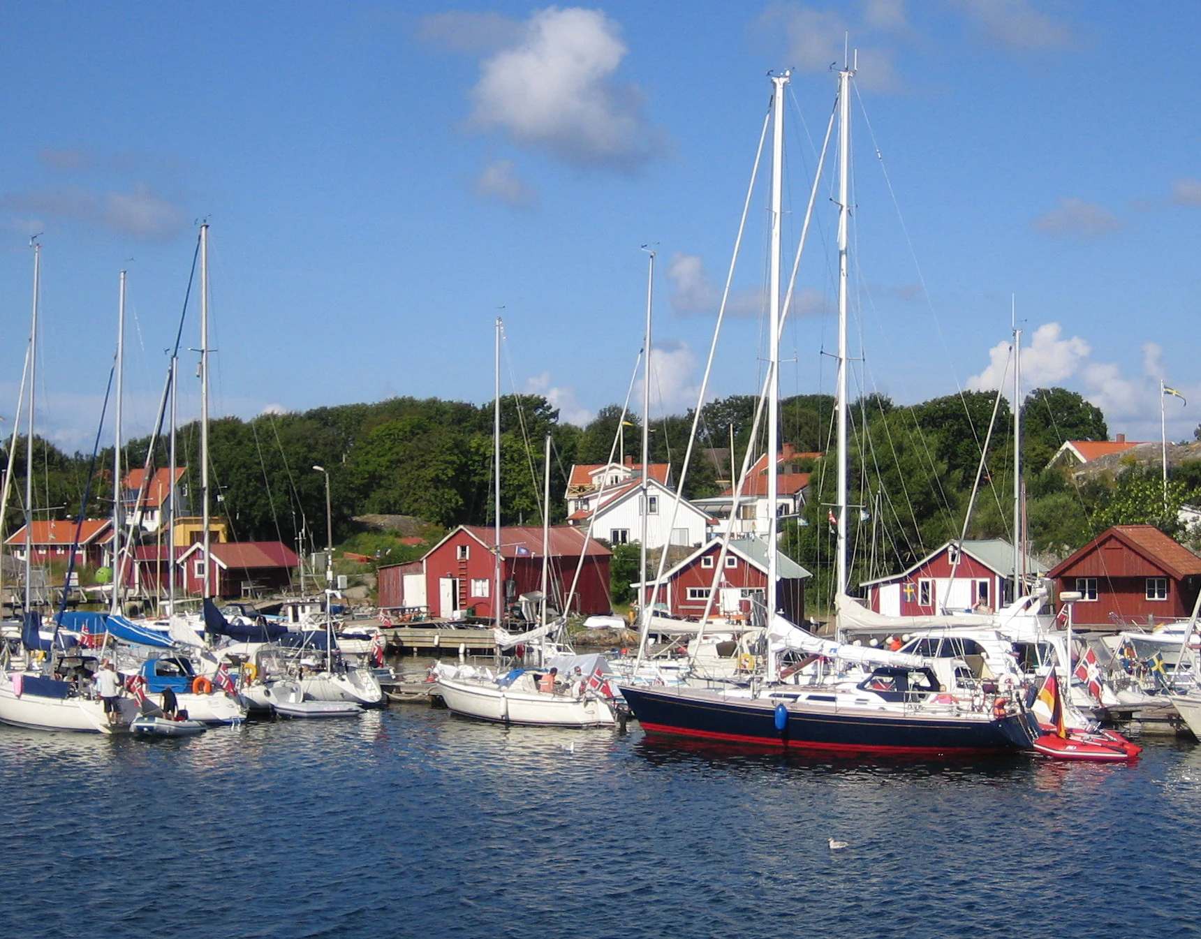 Sailboats moored at a marina with red and white buildings, calm water, and trees in the background.