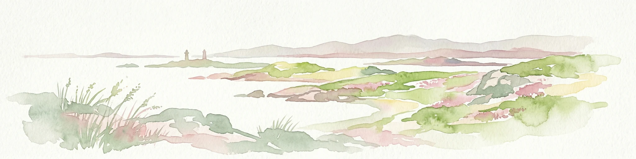 Ilustración en acuarela de un paisaje costero con islas, zonas de hierba y agua