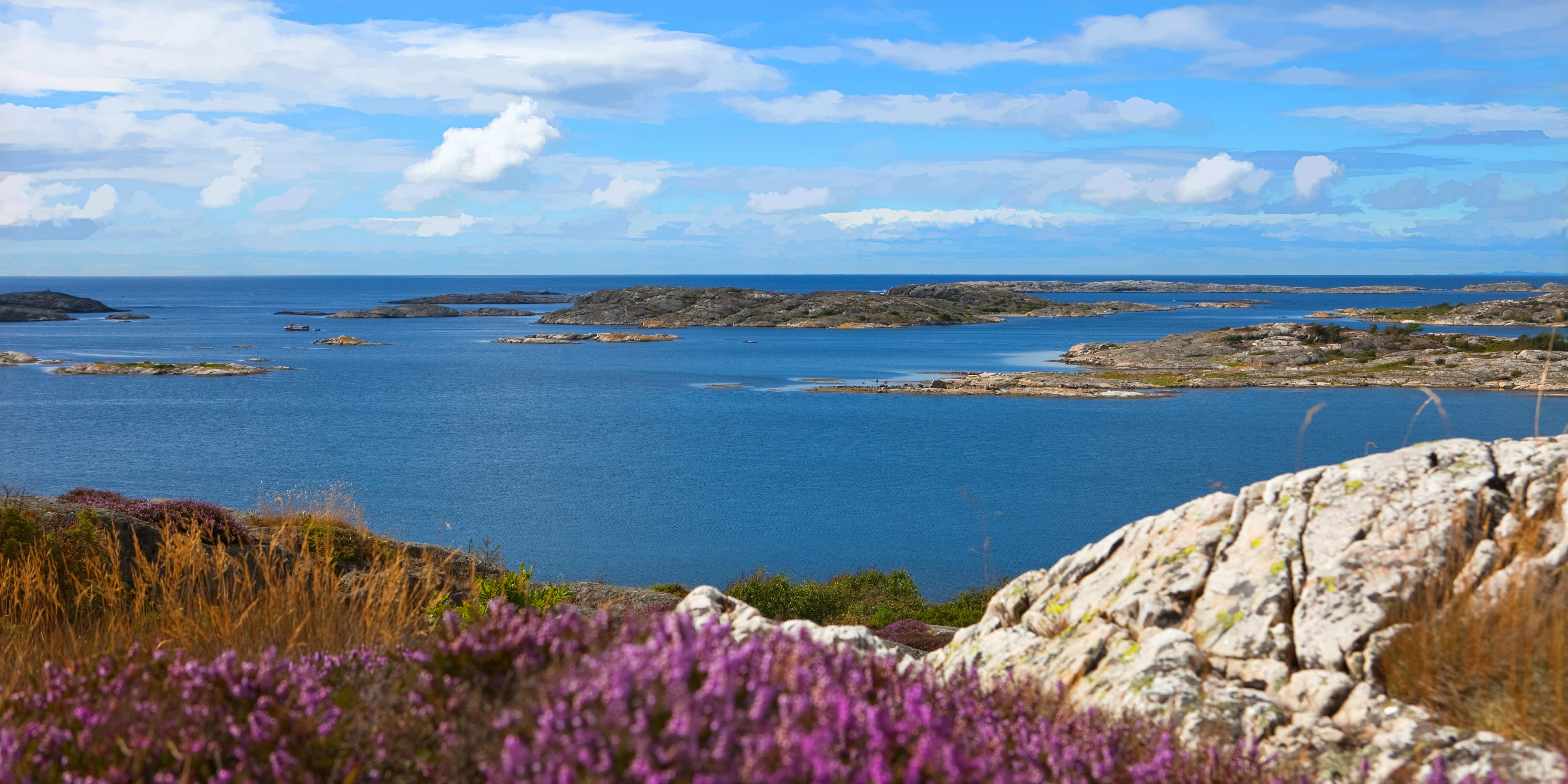 A coastal landscape featuring multiple small islands in a blue sea, rocky terrain with purple flowering plants in the foreground, and a partly cloudy sky