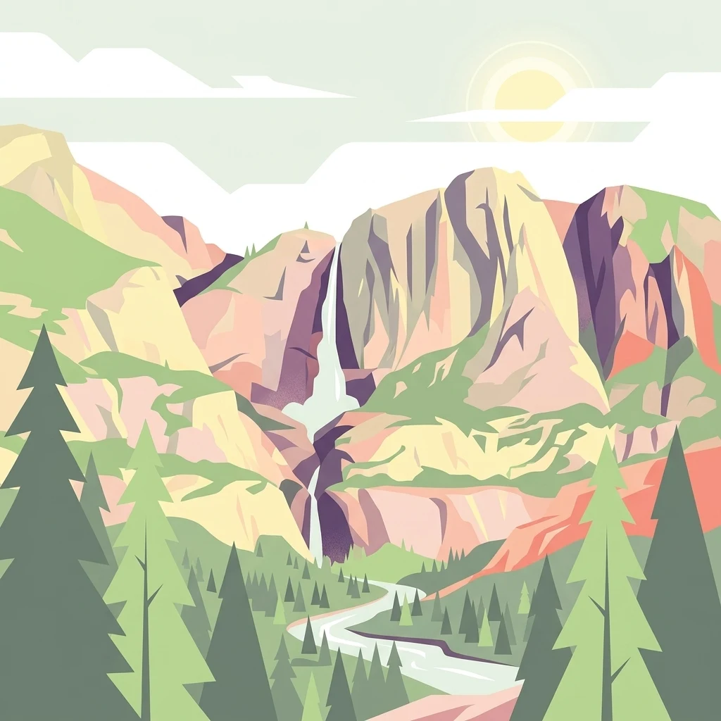 A flat-style digital illustration of a mountain valley featuring tall, rocky cliffs, a tiered waterfall, a river flowing through the center, and a foreground of pine trees.