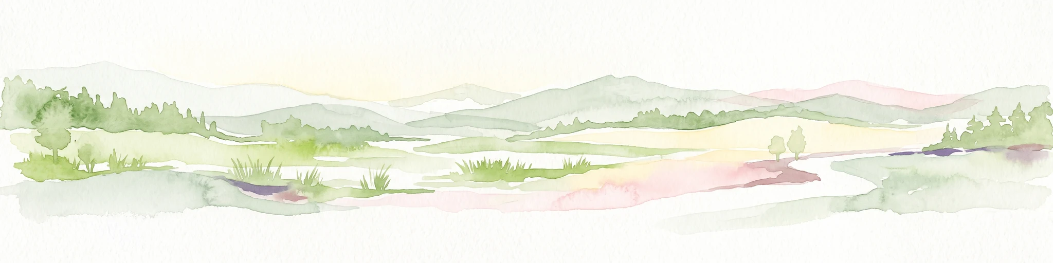 A soft watercolor painting depicting a panoramic landscape with rolling green hills, patches of forest, and gentle terrain.