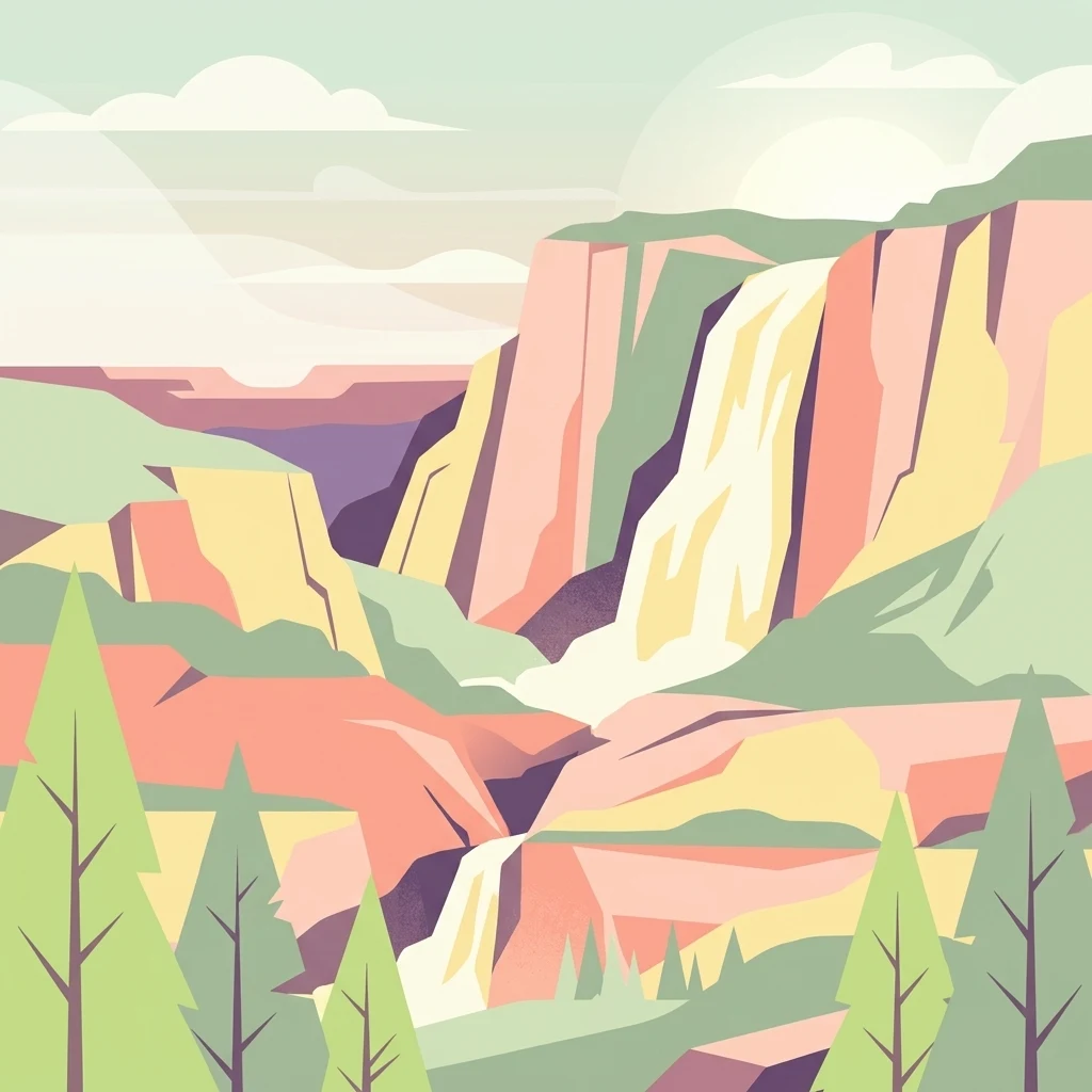 Stylized vector illustration of a waterfall flowing down colorful canyon cliffs with coniferous trees in the foreground.
