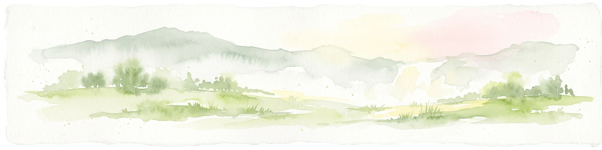 Una ilustración acuarelada pálida y de enfoque suave que representa colinas onduladas, árboles dispersos y un cielo claro, dispuesta como una franja panorámica amplia.