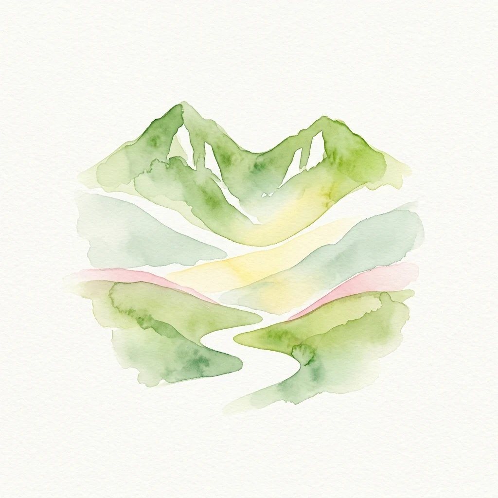 Watercolor illustration of green mountain peaks with a winding river path in soft pastel tones