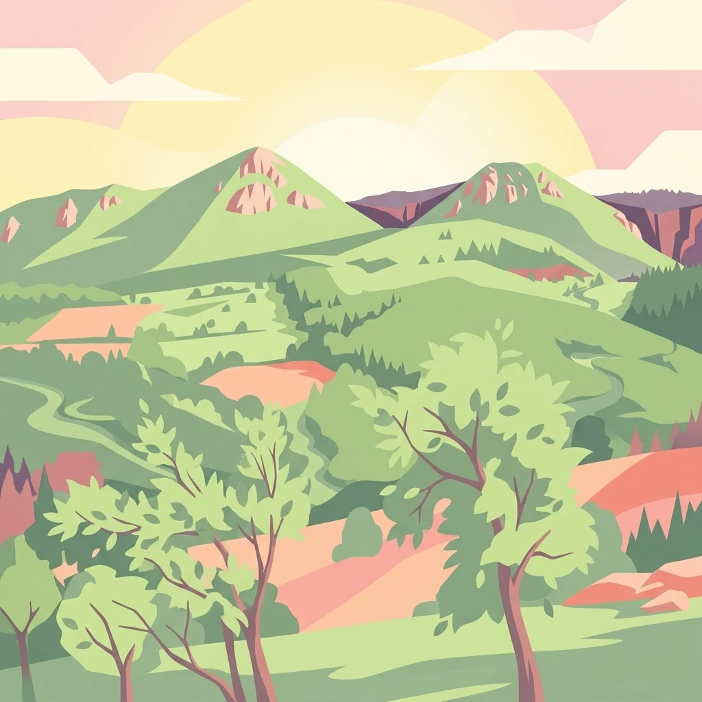 Illustration of green rolling hills, mountains, and trees under a pastel sky with a setting sun
