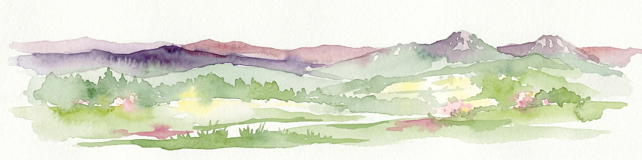 Ilustración en acuarela que muestra montañas en capas, valles verdes y una masa de agua con gradientes de color suaves