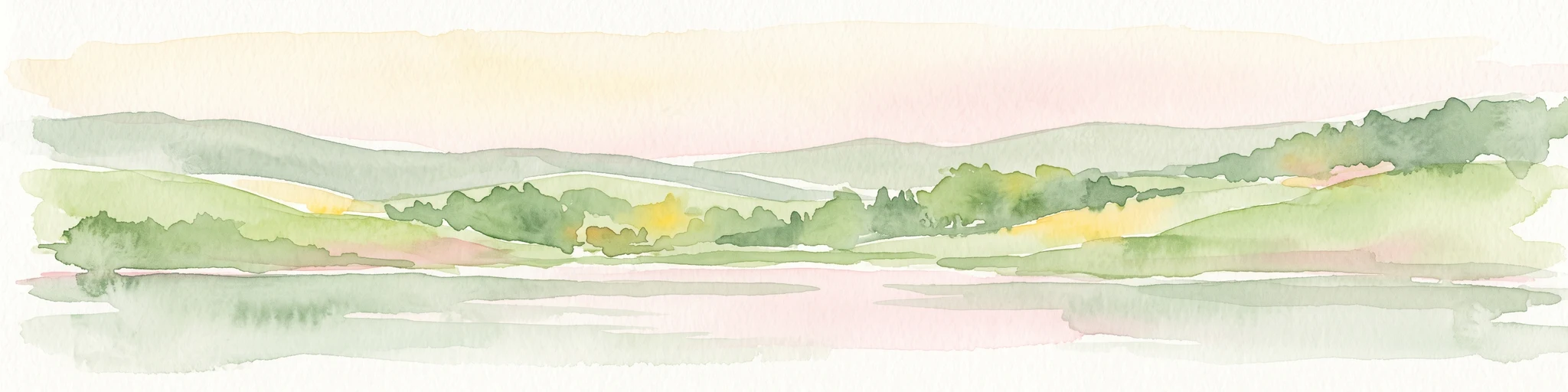 A horizontal watercolor illustration depicting rolling green hills, patches of forest, and a calm river in the foreground, rendered in soft, pastel tones.