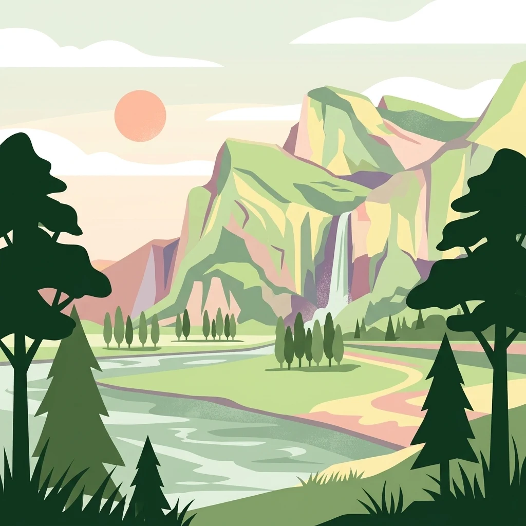 A digital illustration of a scenic valley featuring a winding river, a central waterfall flowing from steep mountains, and dark green pine trees in the foreground, all rendered in a flat, pastel-toned graphic art style.