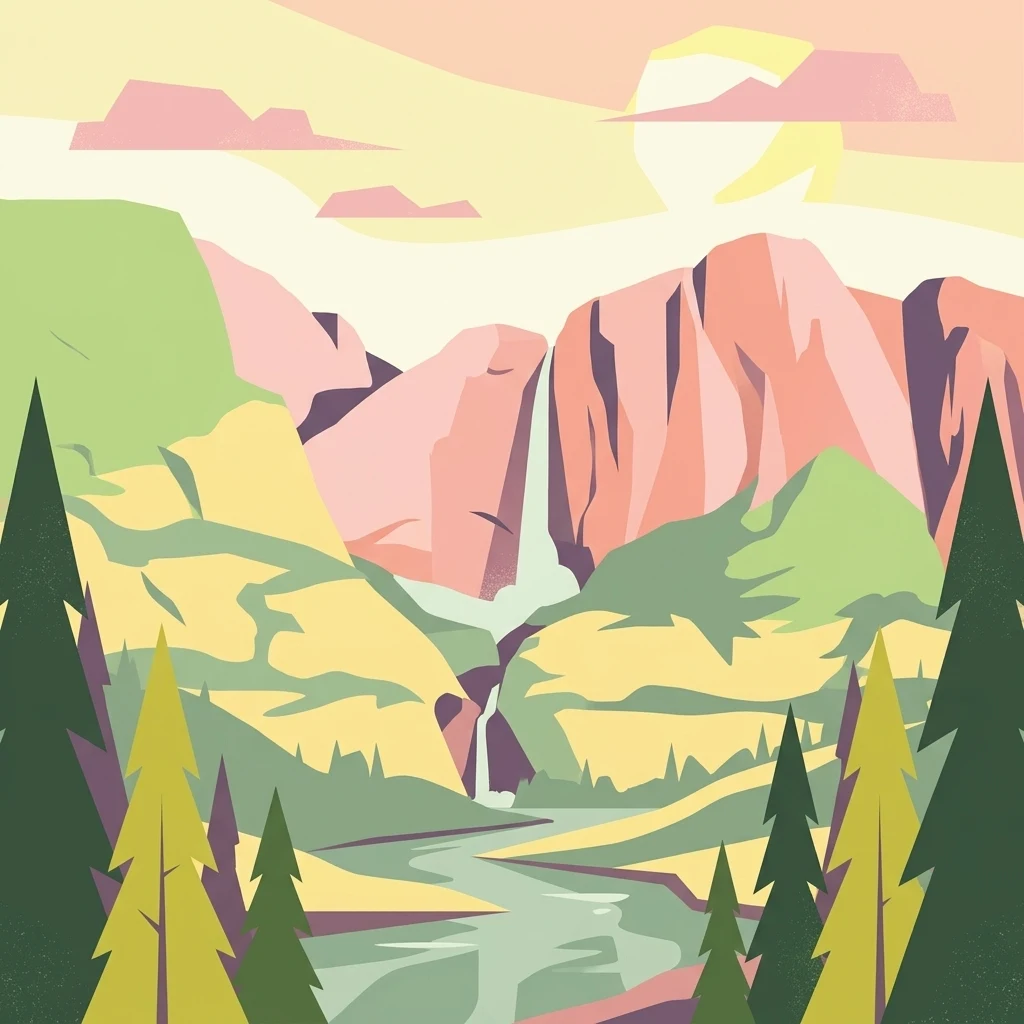 A minimalist flat illustration of a mountainous landscape with a waterfall cascading into a valley, framed by evergreen trees in the foreground, all rendered in muted pastel colors.