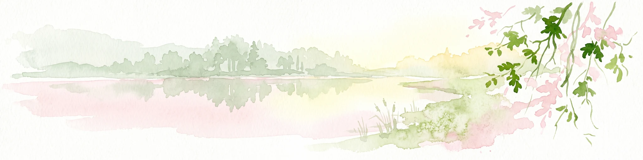 Watercolor painting of a tranquil pond at Kranenmeer, showing reflective water, distant tree lines, and foreground foliage hanging from the upper right corner.