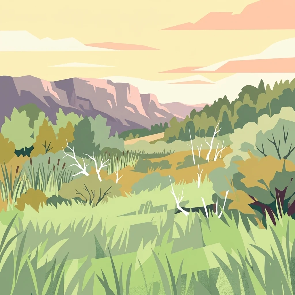 Una ilustración gráfica de un paisaje de humedal con hierbas altas, arbustos y colinas lejanas bajo un cálido cielo al atardecer.