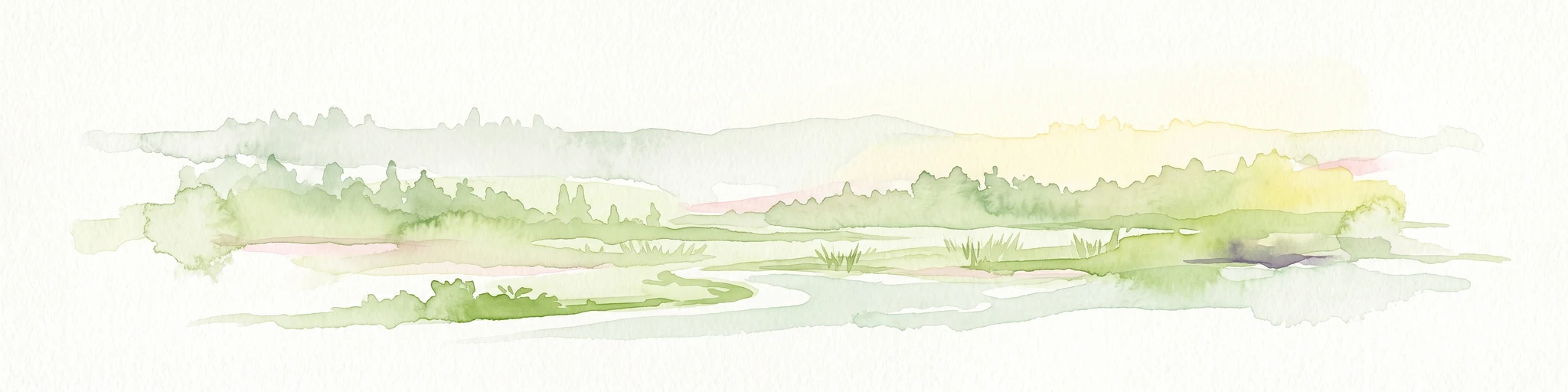 A soft watercolor illustration showing a hazy, green landscape with a winding stream, distant hills, and low-lying vegetation on a white background.