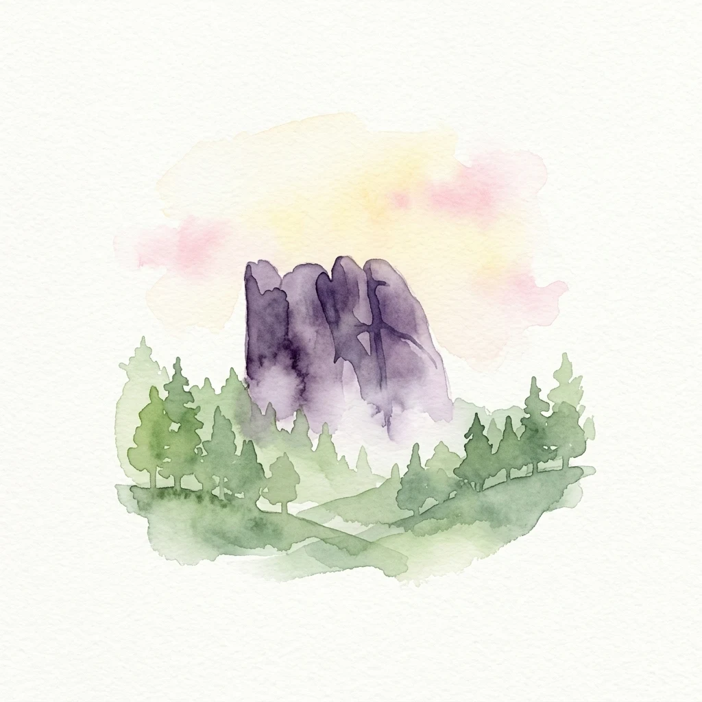Watercolor illustration showing Krasnoyarsk Pillars rock formations, green coniferous trees, and a pastel sky with pink and yellow hues