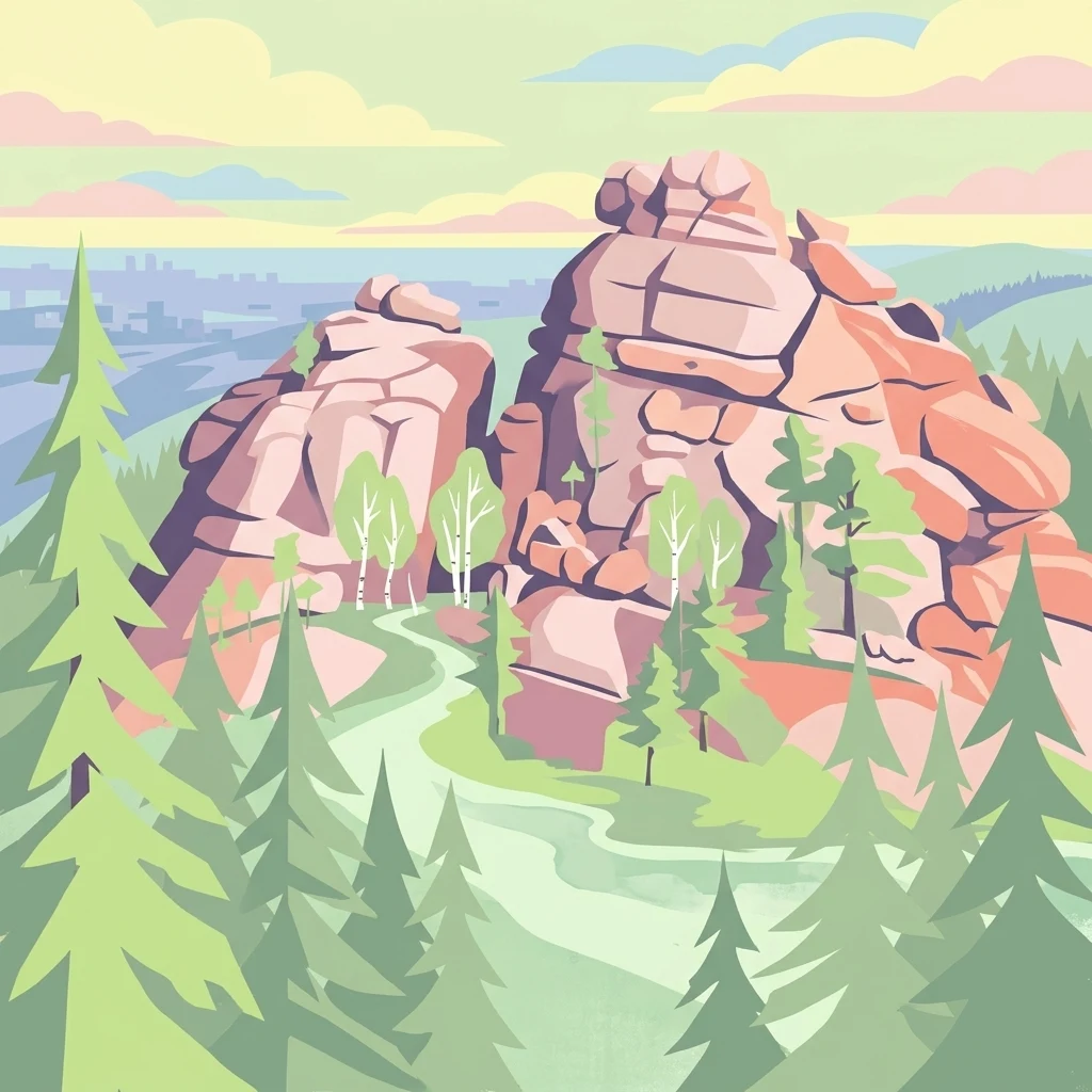 Illustration showing rock pillars surrounded by pine trees with a winding path