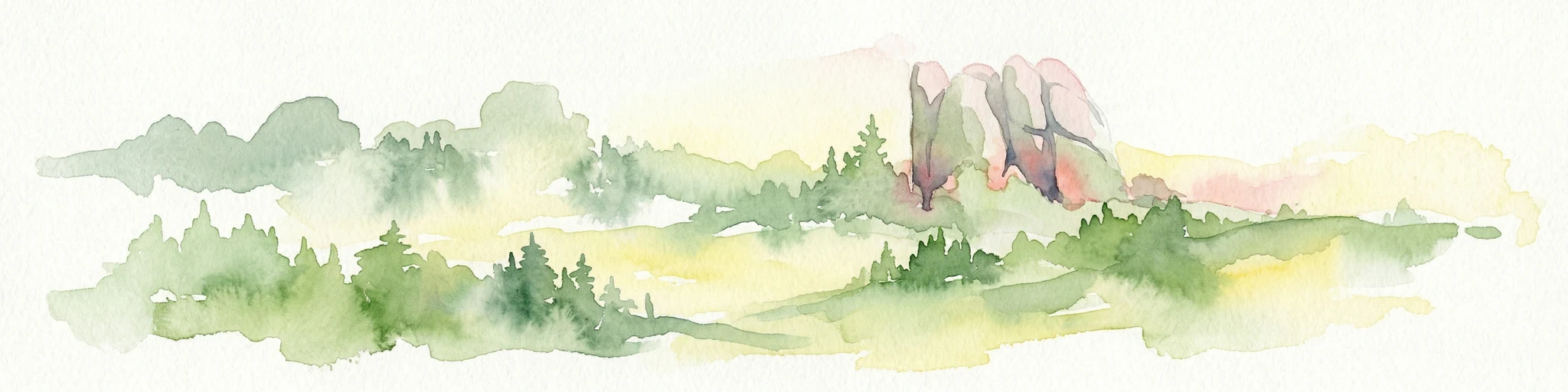 Pintura de acuarela que muestra pilares de roca rosada, bosques verdes y montañas distantes en un paisaje