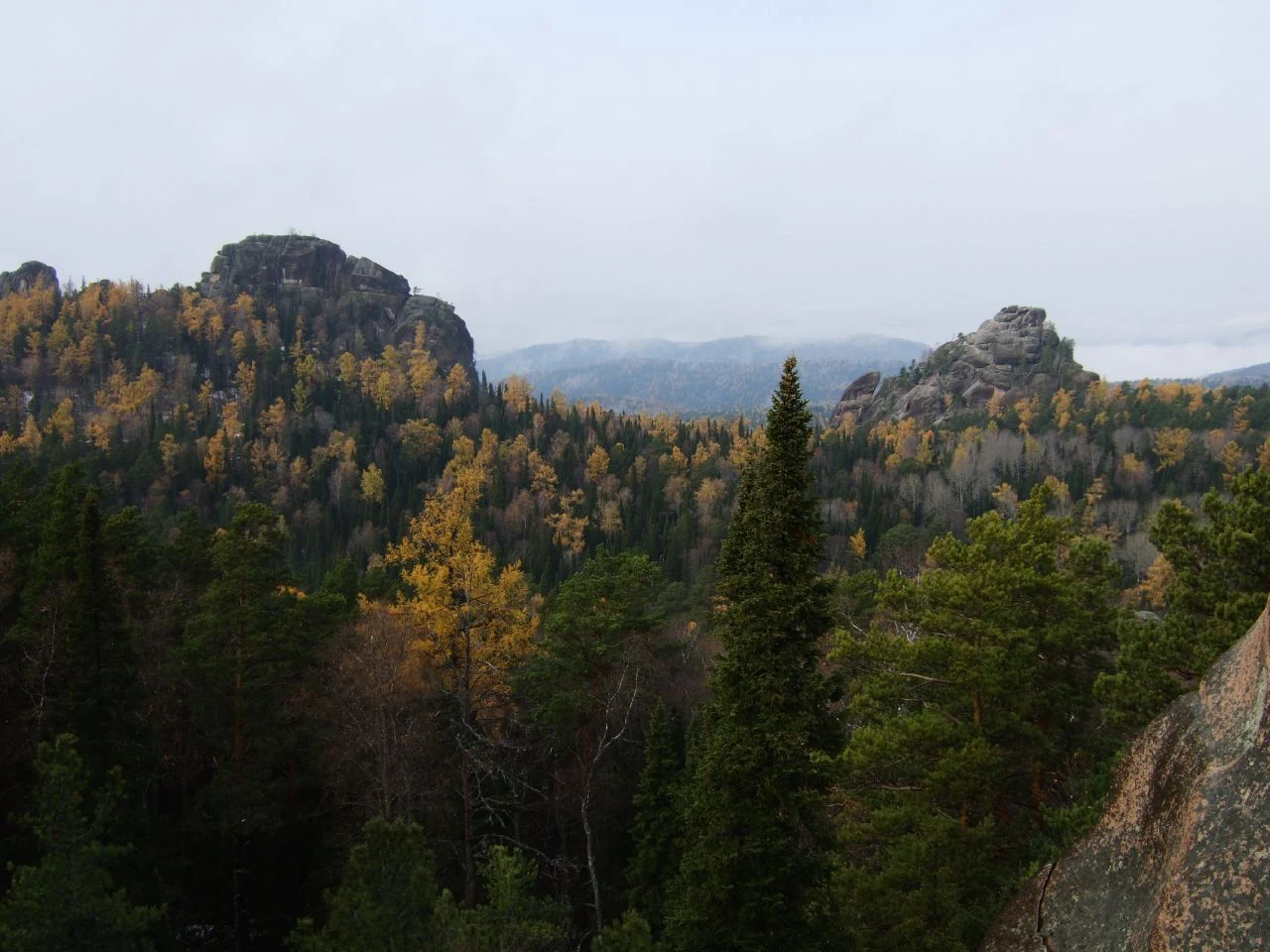 A wide view of the Krasnoyarsk Stolby landscape, showing two prominent dark rocky pillars rising above a forest canopy displaying autumn colors of yellow and green, under a hazy overcast sky.