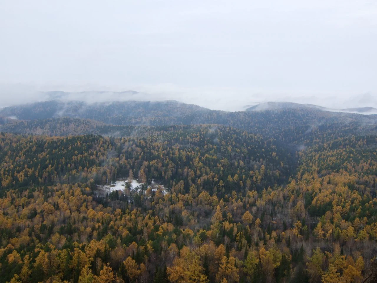 An expansive aerial view of a dense, multi-colored autumn forest covering rolling hills, with low clouds clinging to the distant mountain ridges.