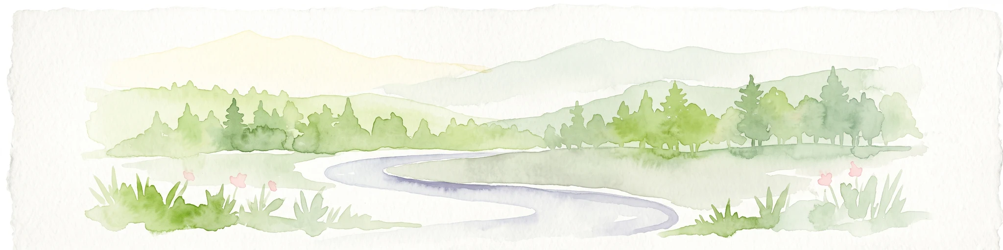 Una pintura horizontal en acuarela que muestra un río serpenteante fluyendo a través de un frondoso bosque verde de taiga con suaves montañas onduladas al fondo.