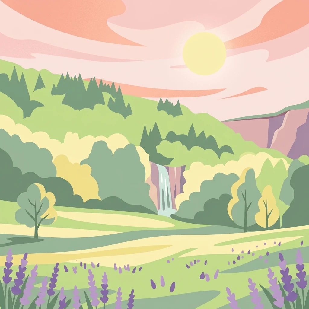A digital illustration depicting a sunny landscape with rolling green hills, a small waterfall in the distance, and lavender-colored flowers in the foreground under a stylized sunset sky.