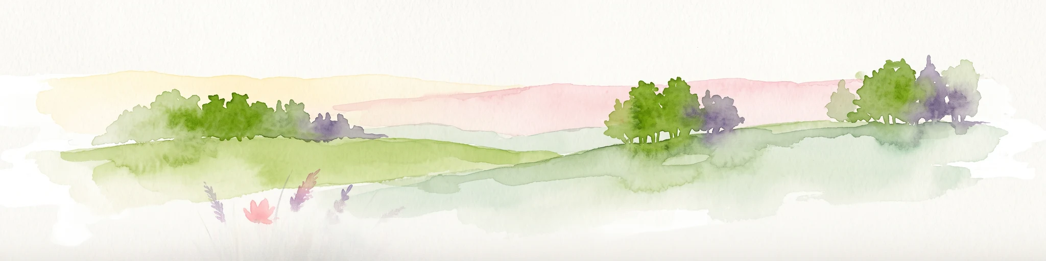 Acuarela de un paisaje verde con colinas onduladas, pequeños grupos de árboles y suaves tonos rosados al fondo.