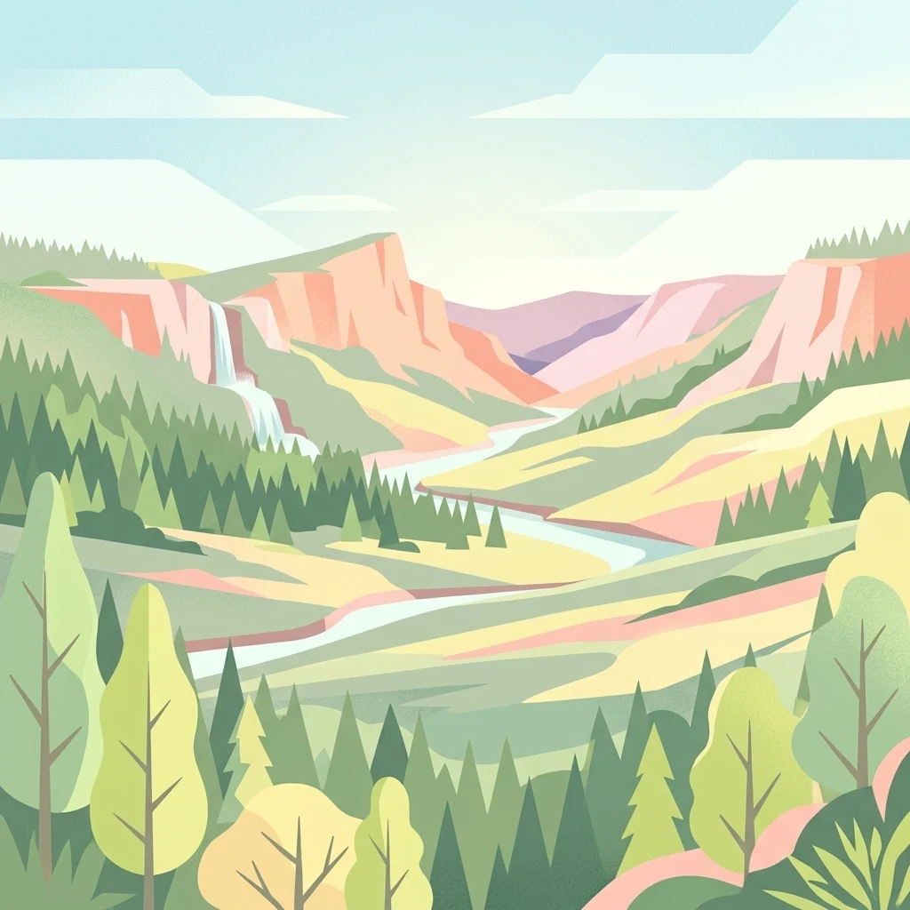 A flat vector illustration of a valley landscape, featuring a winding river, pine trees, and a waterfall cascading down a distant rocky slope.