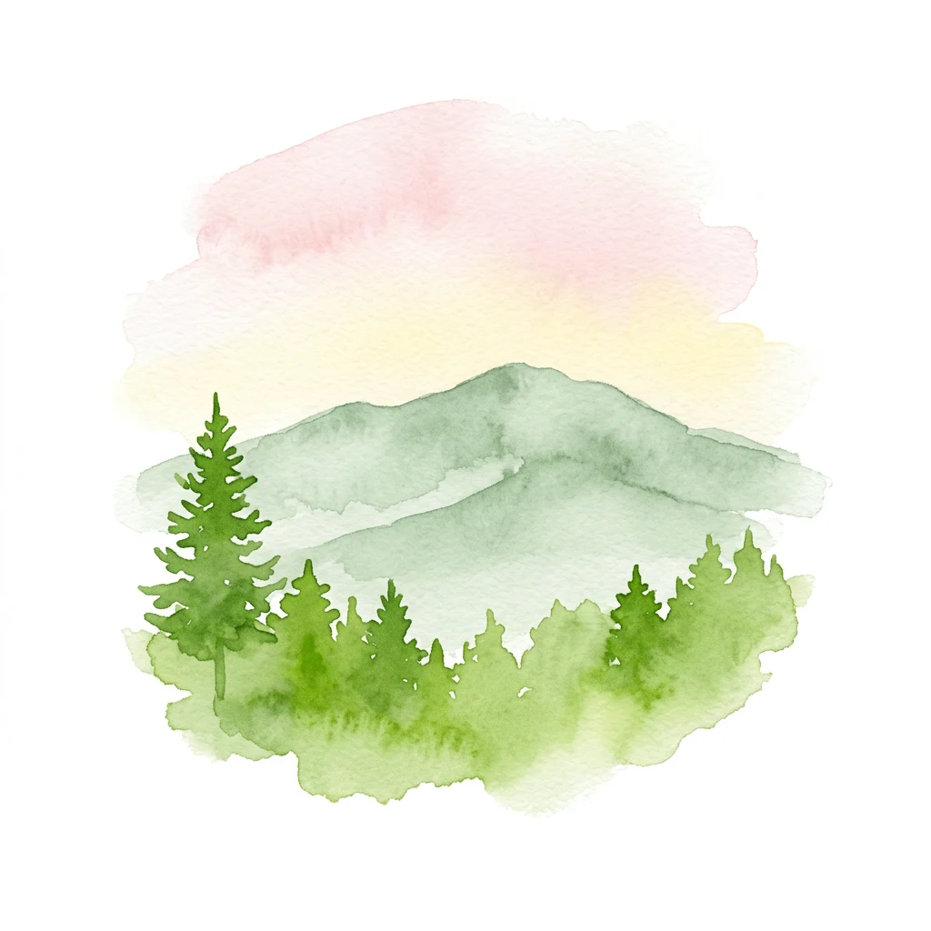 Pintura de acuarela de montañas verdes, pinos y un cielo rosa y amarillo