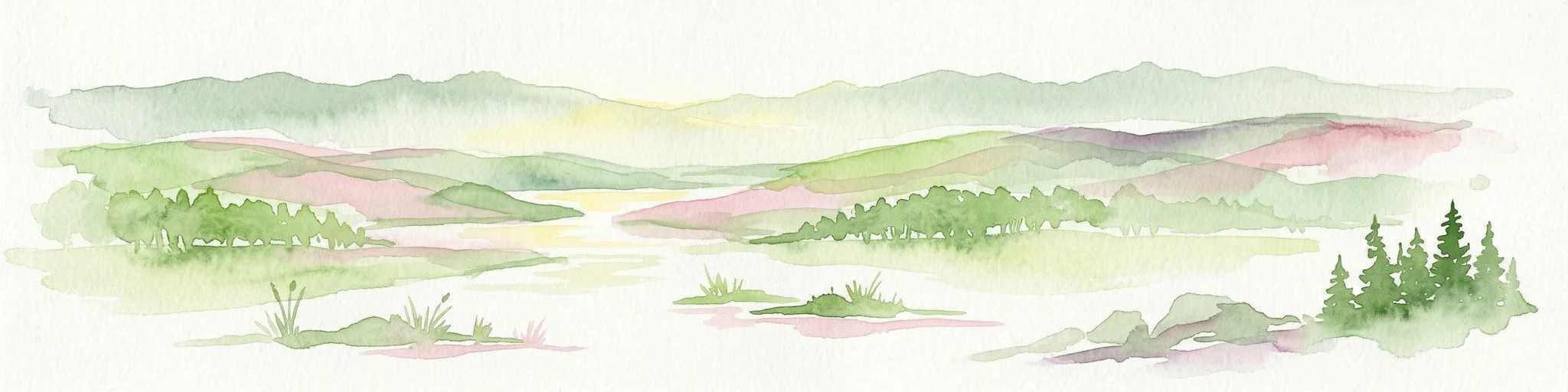 Ilustración en acuarela de un paisaje con colinas onduladas, un río, árboles dispersos y montañas distantes.