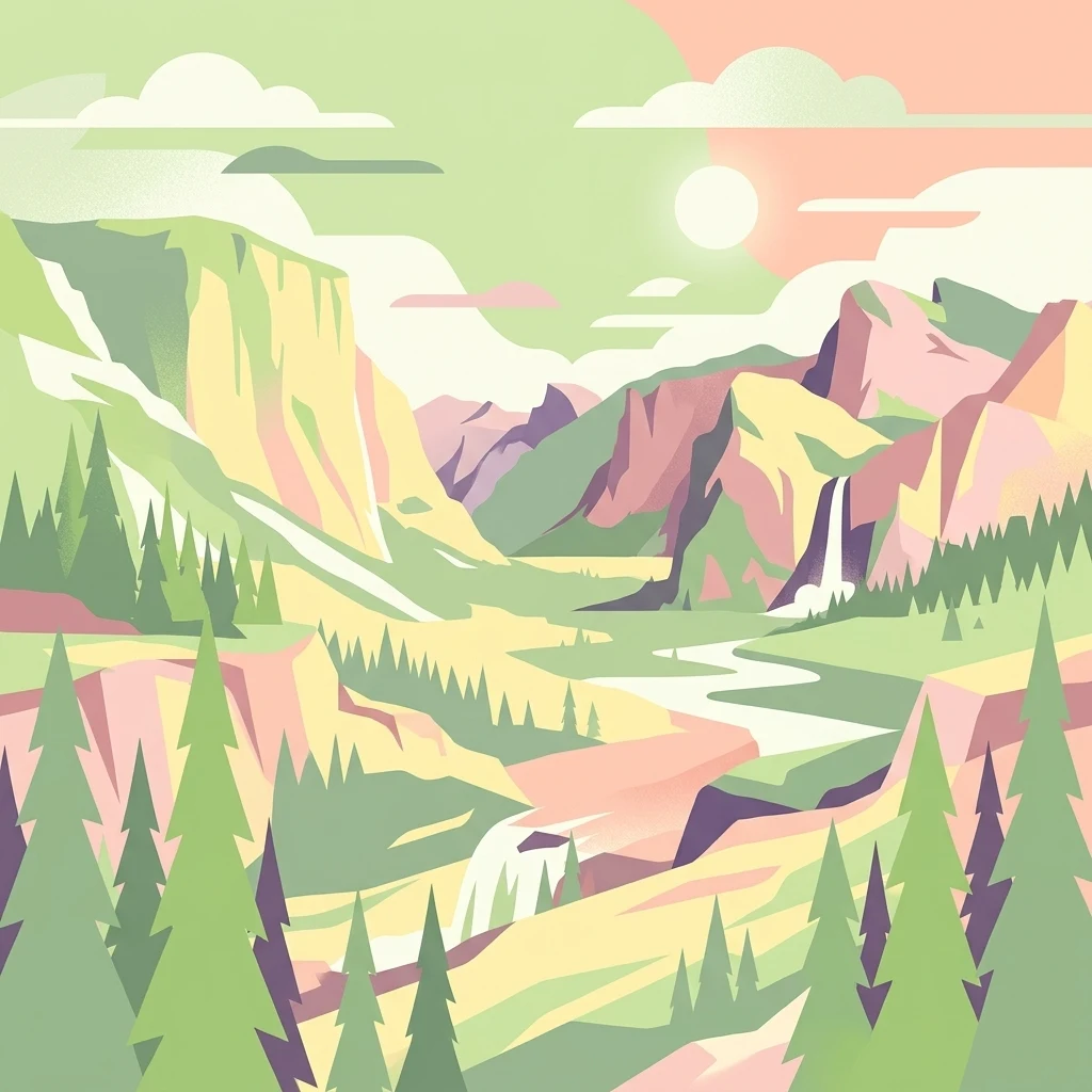 A flat-style digital illustration of a mountain valley with steep cliffs, pine trees, a meandering river, and waterfalls under a setting sun.