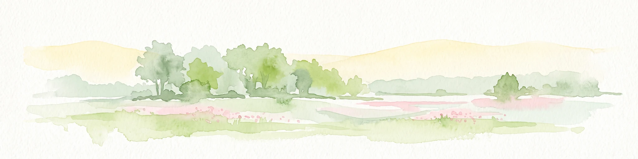 Watercolor painting of a lush green wetland landscape with trees, light foliage, and soft pastel colors.
