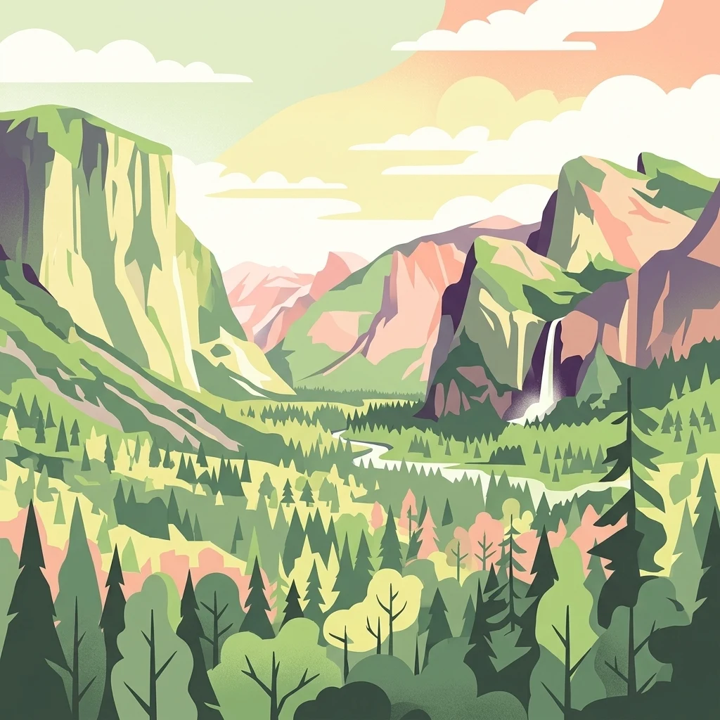 A flat-style digital illustration of a scenic valley surrounded by tall cliffs and a forested landscape, with a waterfall flowing down one side and a river running through the center.