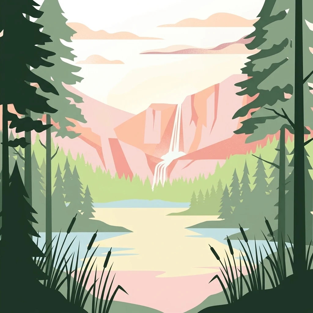 A flat-style digital illustration showing a lake surrounded by evergreen trees, cattails in the foreground, and a mountain range with a waterfall in the distance.
