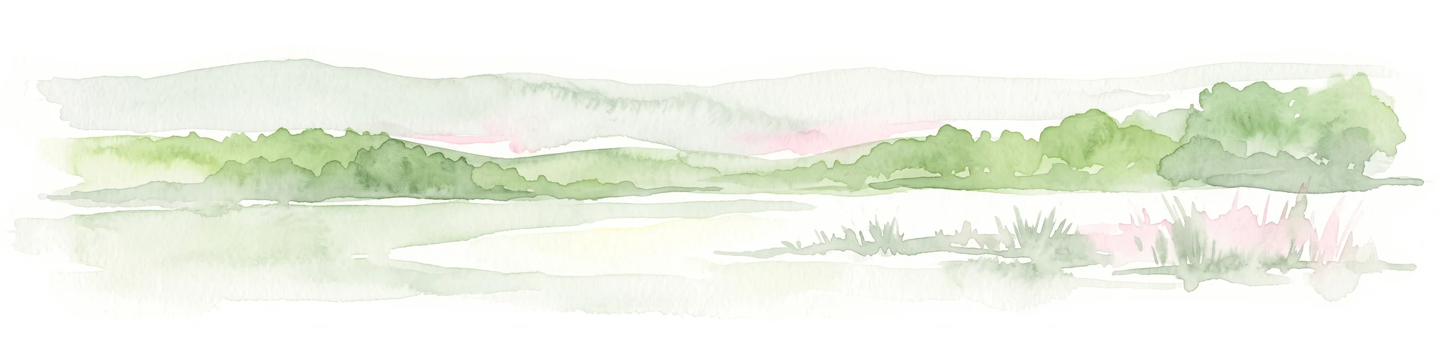 A soft watercolor illustration of a lake landscape with calm water, a green tree-lined shore, and gently rolling hills in the background.