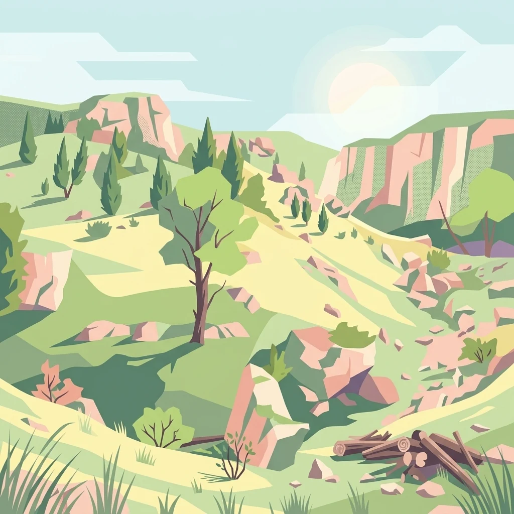 A stylized vector illustration of a hilly, rocky natural landscape with scattered trees, juniper bushes, and stone formations.