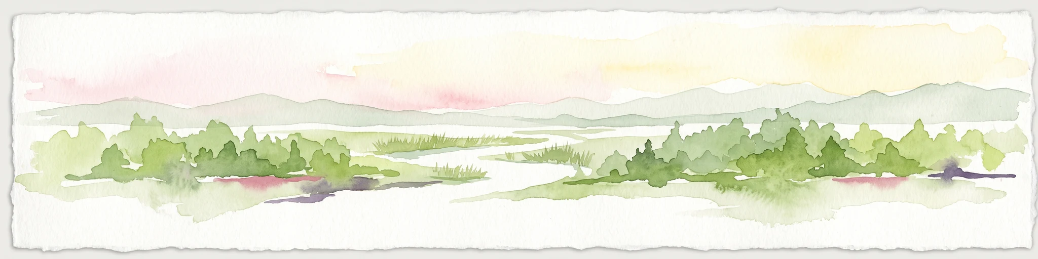 A horizontal watercolor painting showing a soft, muted landscape with rolling hills, a central open area, and clusters of green trees under a pale sky.