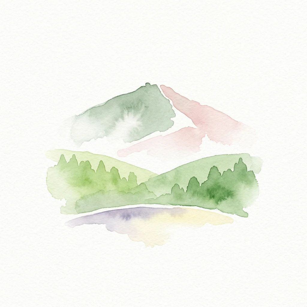 Pintura de acuarela de montañas con laderas boscosas y un lago