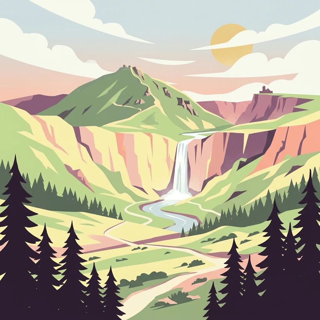 Illustration of a mountain landscape with waterfall, river, forests, and mountains under a sunlit sky
