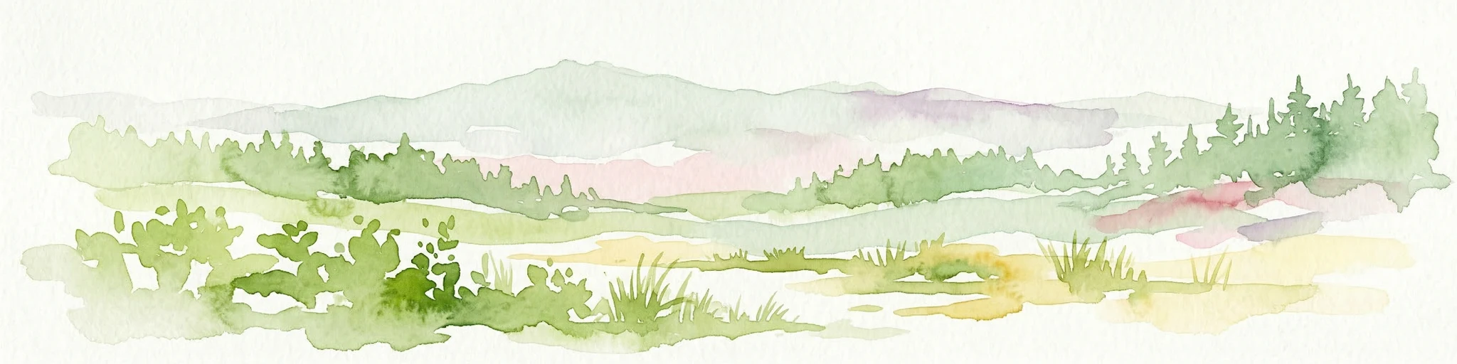 Pintura de acuarela que muestra bosques verdes, un valle y montañas distantes bajo un cielo suave