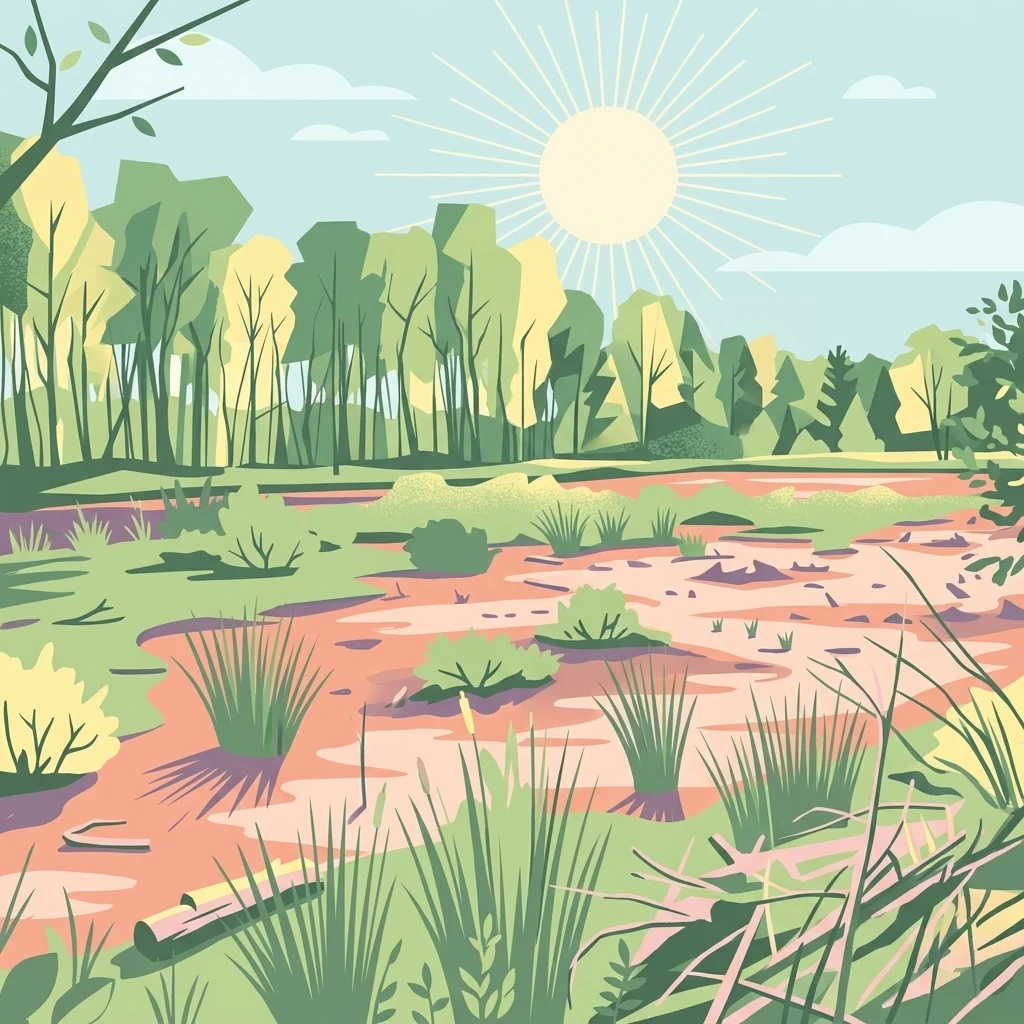 A flat-style digital illustration depicting a sunlit woodland scene with trees in the background and a grassy marsh area in the foreground under a pale blue sky.