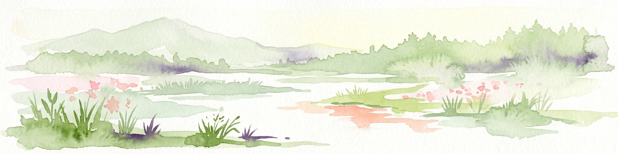 A soft, light watercolor painting of a serene marshy landscape with green hills, lush vegetation, and pink flowers in the foreground.