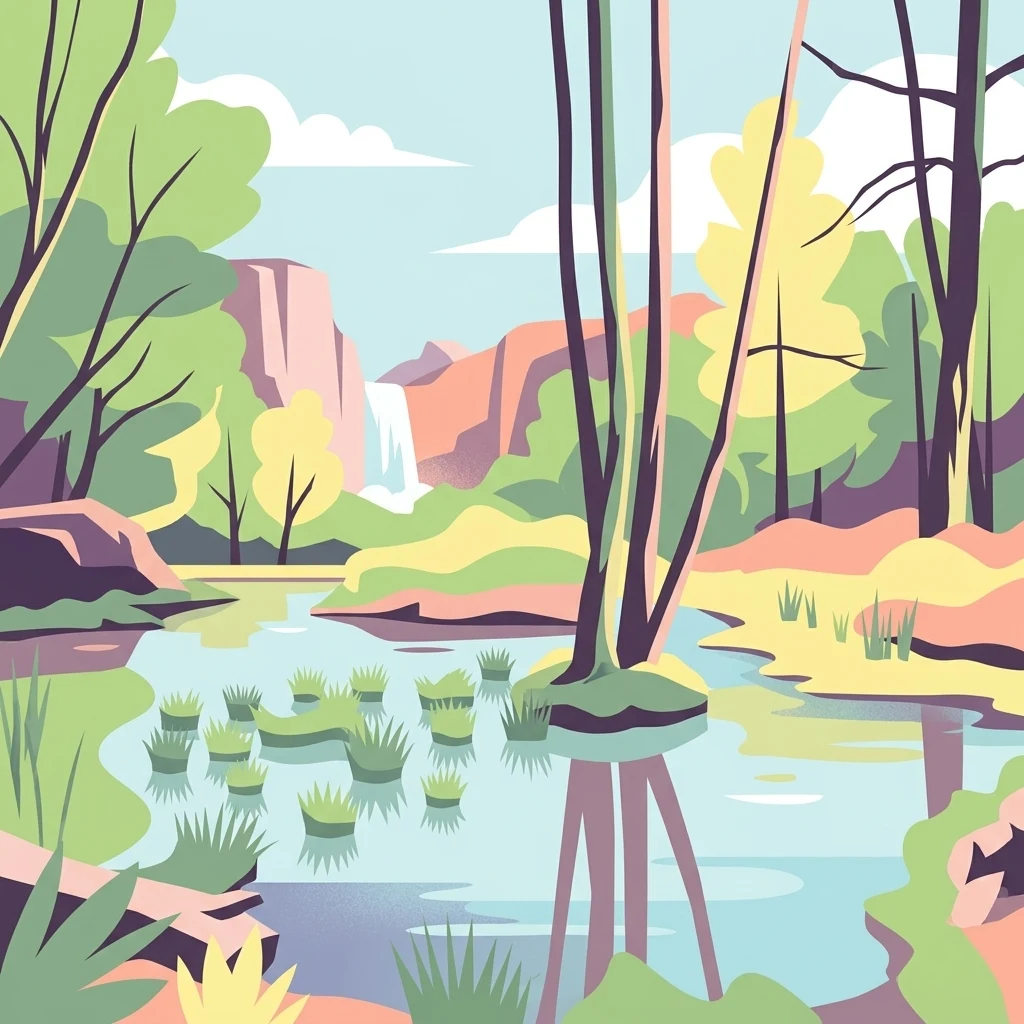 Una ilustración digital de estilo plano que muestra un paisaje pantanoso con hierbas verdes creciendo en aguas poco profundas, rodeado de árboles y acantilados, con una pequeña cascada al fondo.