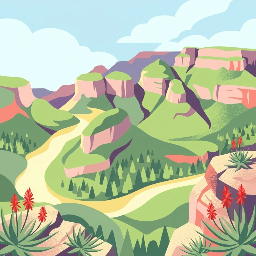 Una vibrante ilustración digital de estilo plano que representa un río serpenteante a través de un cañón con acantilados escarpados y rocosos, árboles similares a pinos y plantas de aloe en flor en primer plano.