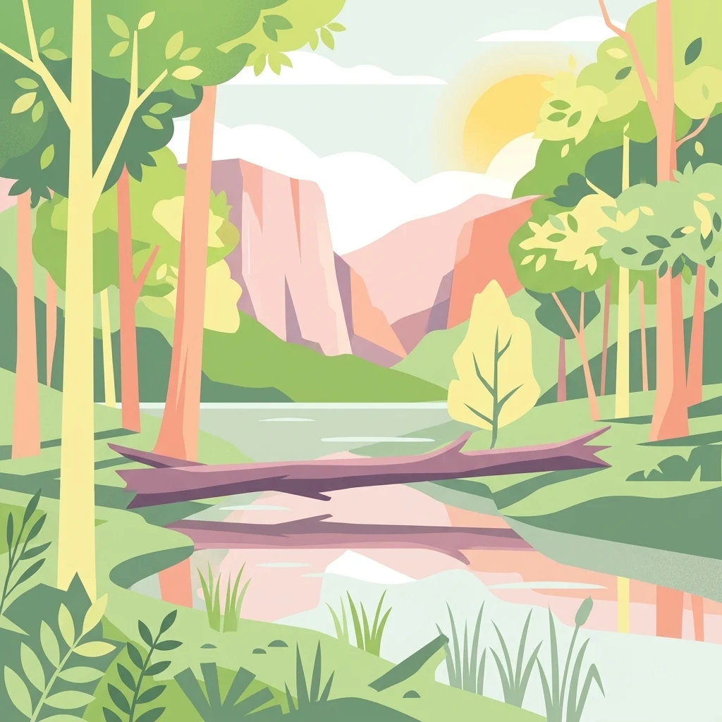 Una ilustración vectorial plana de una escena lacustre con un gran tronco de árbol caído descansando en el agua, rodeado de árboles y colinas lejanas bajo un sol suave.
