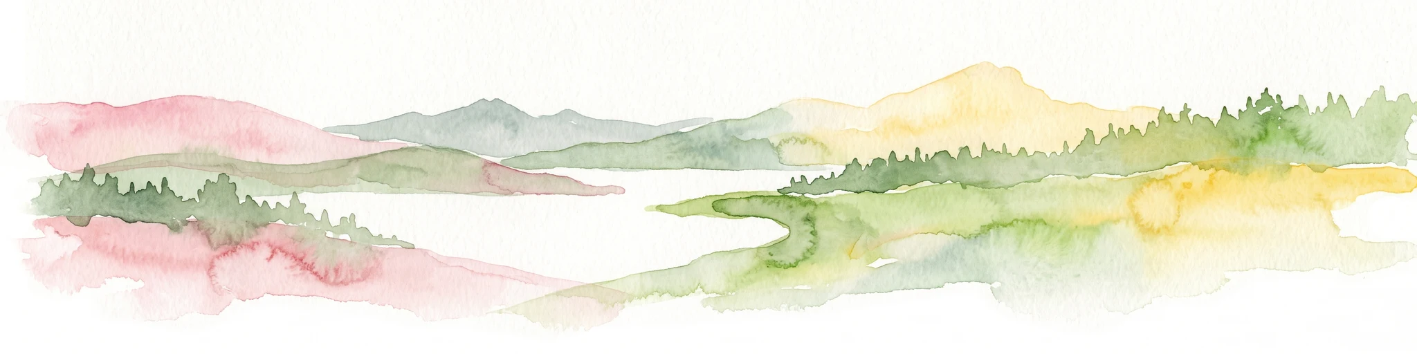 A watercolor painting showing a soft, abstract landscape with rolling hills, a central body of water, and a tree-lined shoreline.